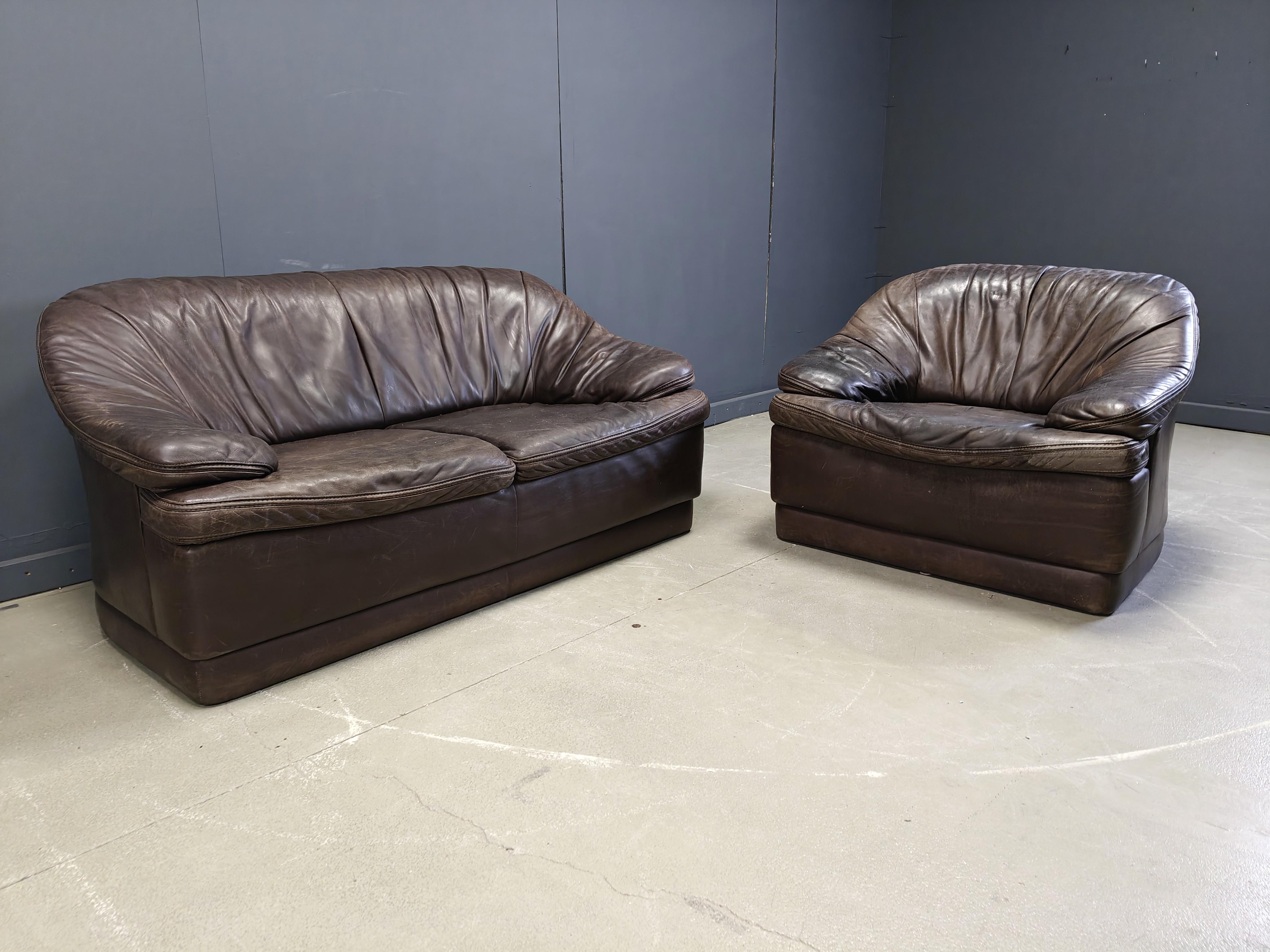 Ensemble de canapé vintage en cuir marron, 1970 en vente 2