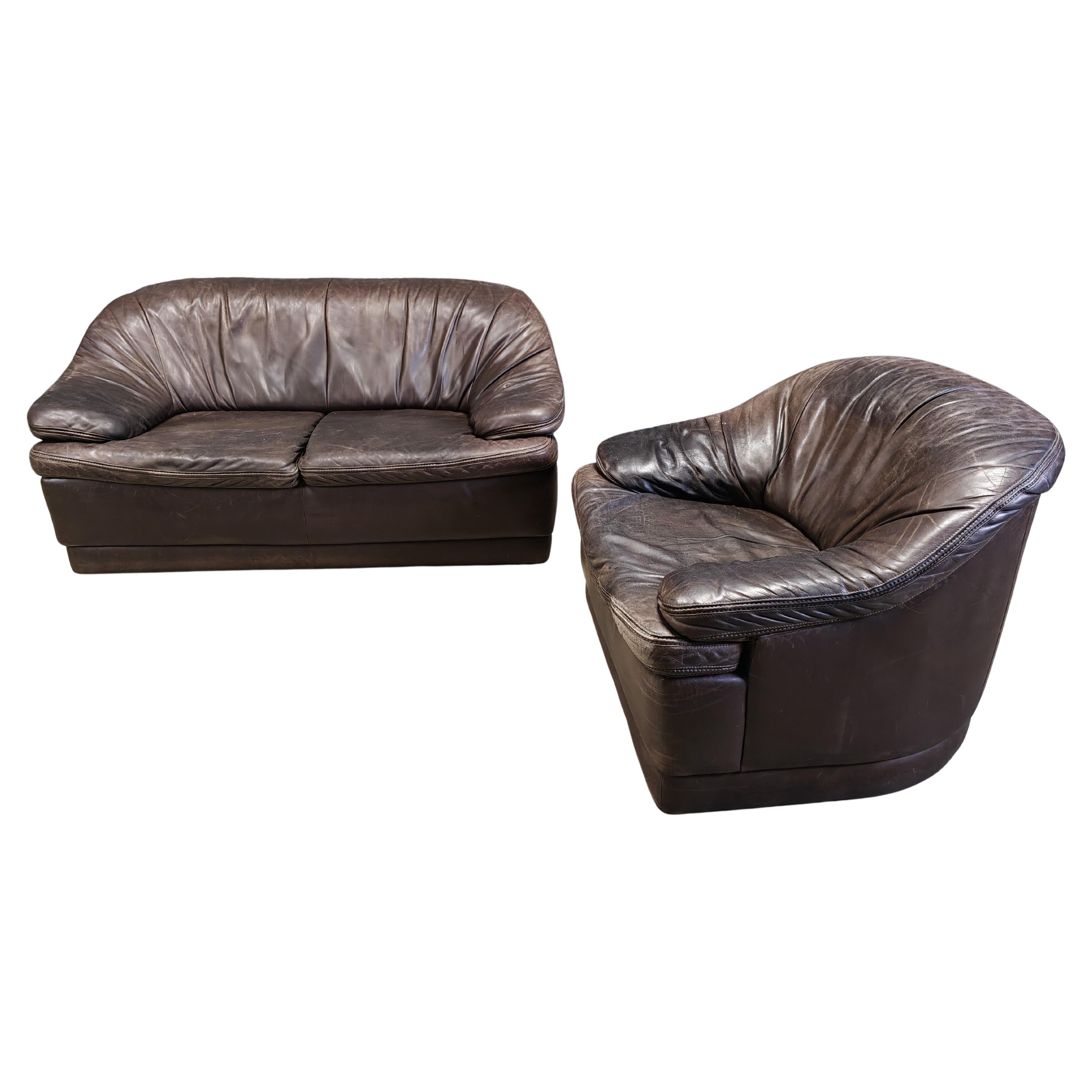 Ensemble de canapé vintage en cuir marron, 1970