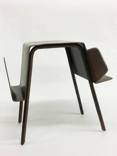 French Brown Leather Stitched Magazine Rack Table, 1960s