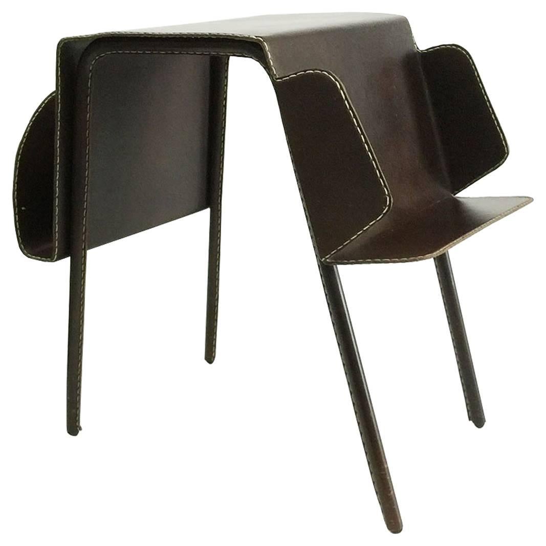 French Brown Leather Stitched Magazine Rack Table, 1960s For Sale