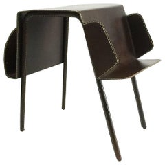 Retro French Brown Leather Stitched Magazine Rack Table, 1960s