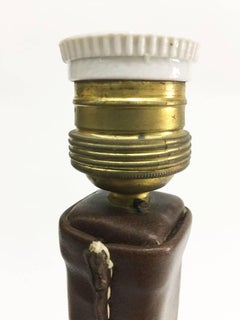 Brown Leather Stitched Table or Desk Lamp, France, 1960s