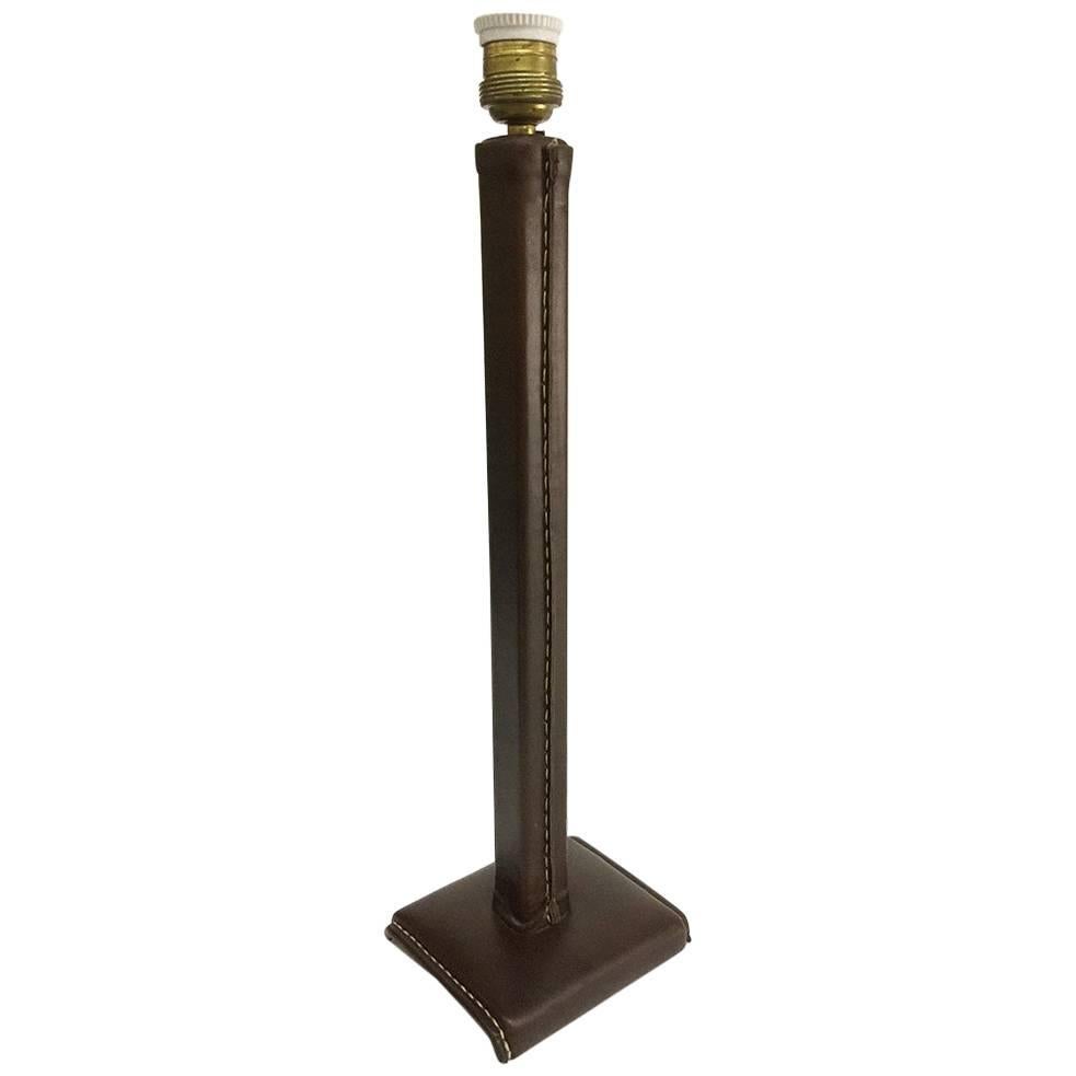 Brown Leather Stitched Table or Desk Lamp, France, 1960s For Sale