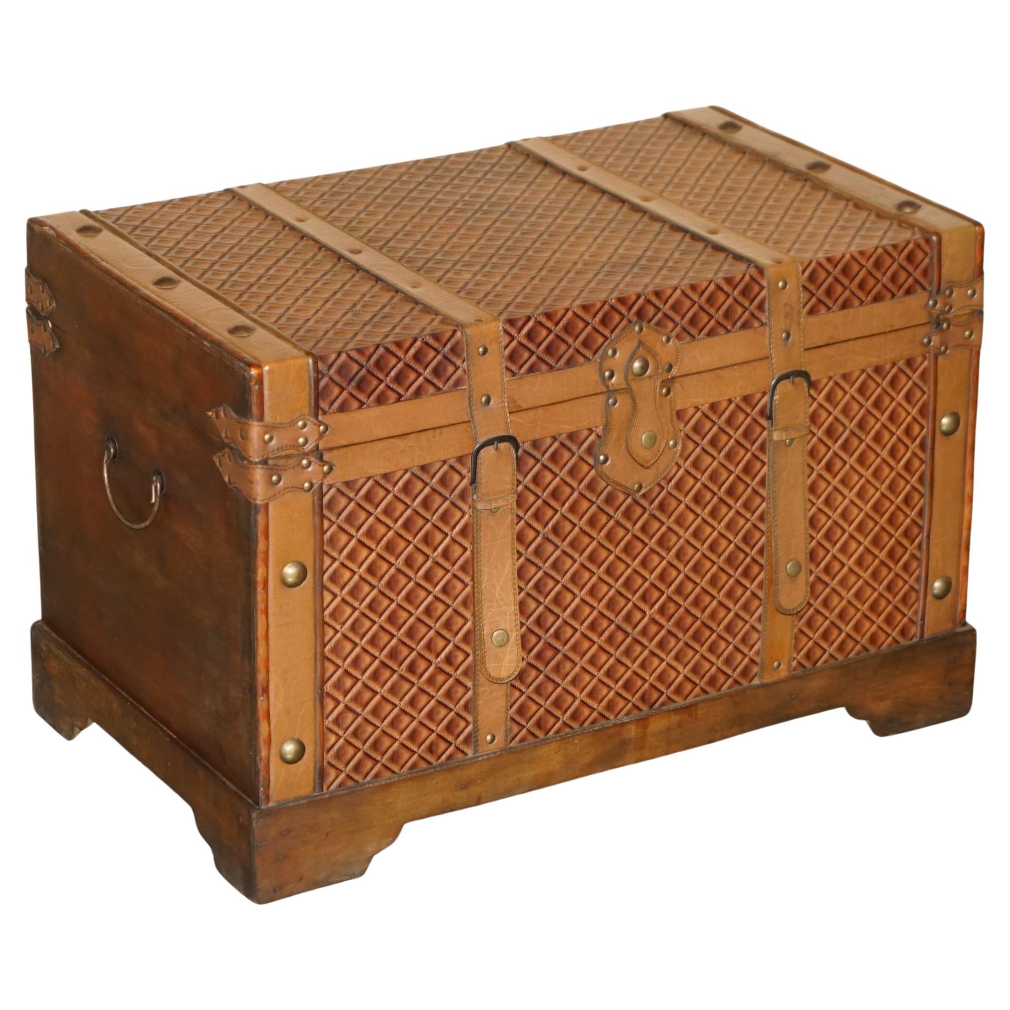 ViNTAGE BROWN LEATHER STORAGE TRUNK COFFEE COCKTAIL TABLE OTTOMAN LOVELY PATiNA