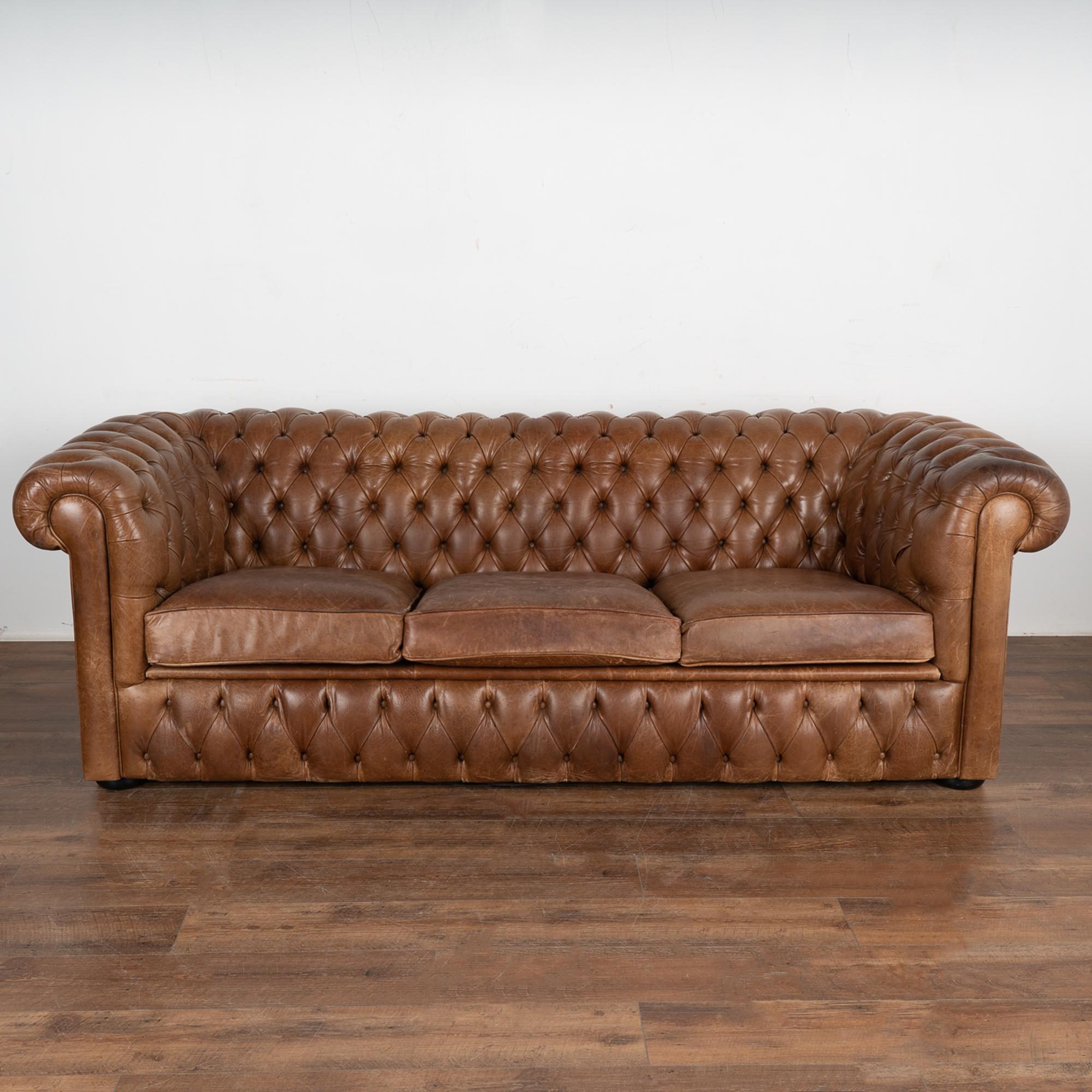 Danish Vintage Brown Leather Three Seat Chesterfield Sofa, Denmark circa 1960-70 For Sale