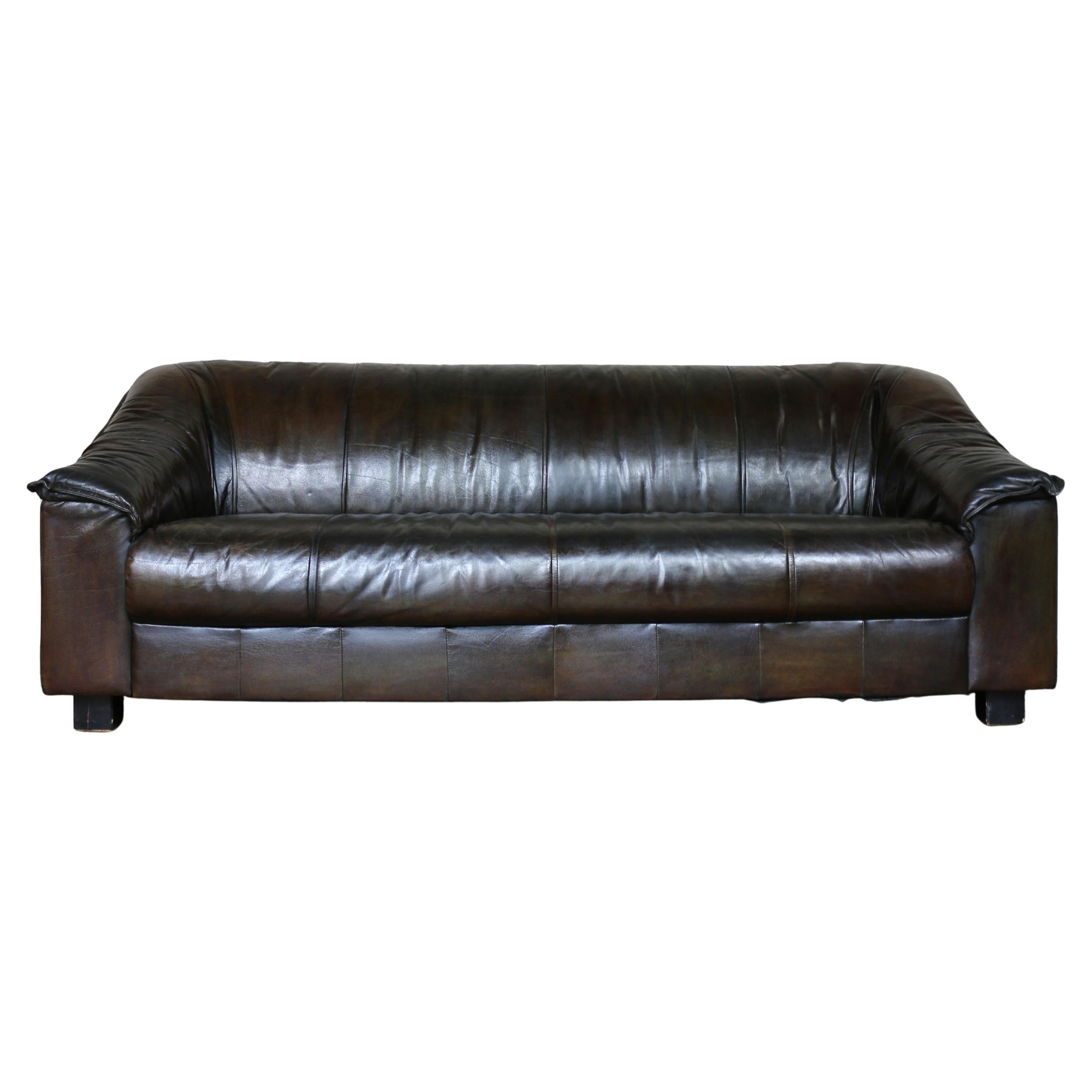 Vintage Brown Leather Three-Seat Sofa, Circa 1980s im Angebot