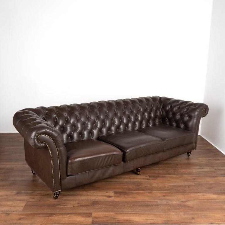 Vintage Brown Leather Three Seat Sofa on Castors from Denmark For Sale