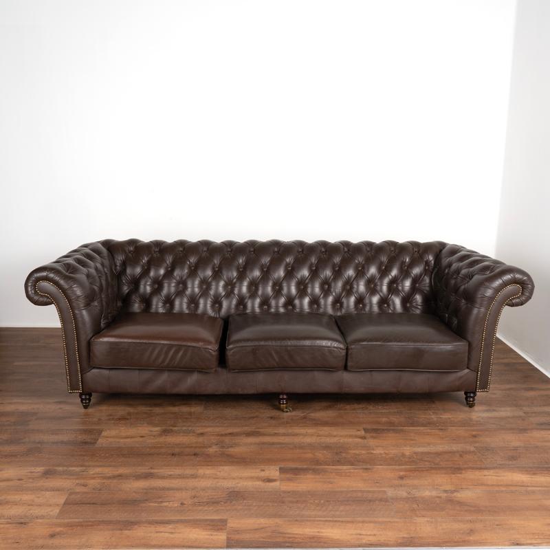 Danish Vintage Brown Leather Three Seat Sofa on Castors from Denmark For Sale