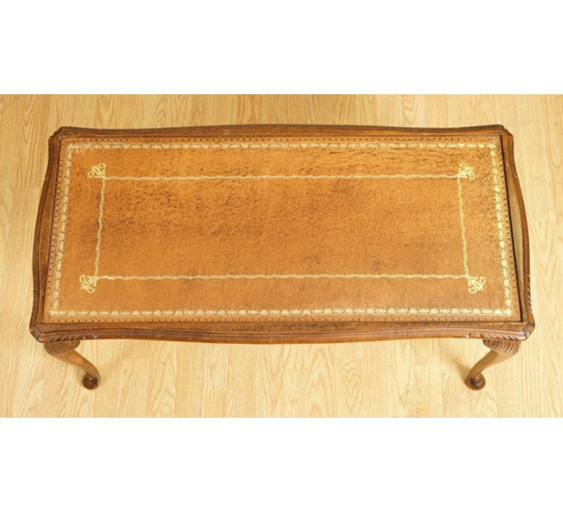 Embossed Vintage Brown Leather Top Coffee Table with Queen Anne Legs For Sale