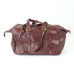 Vintage Brown Leather Travel Bag With Brass Hardware, Czechoslovakia, 1960s
