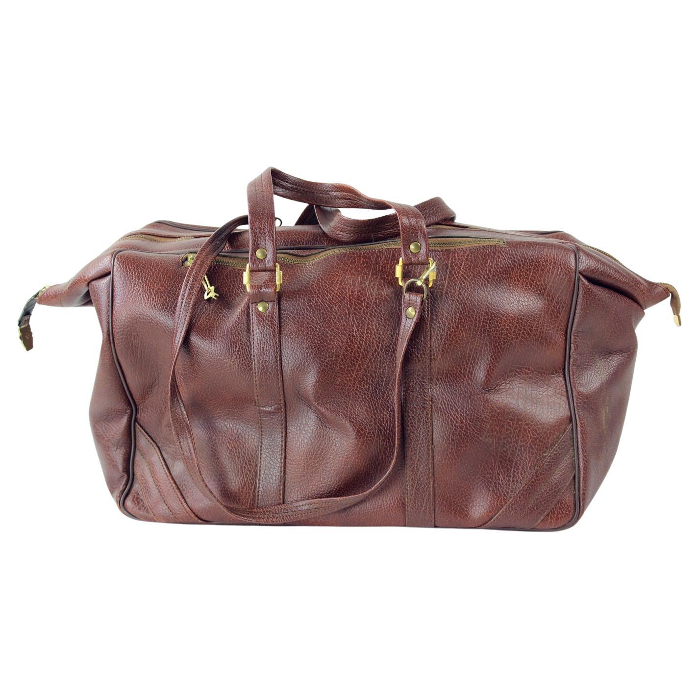 Vintage Reisetasche aus braunem Leder mit Messingbeschlägen, Tschechoslowakei, 1960er Jahre