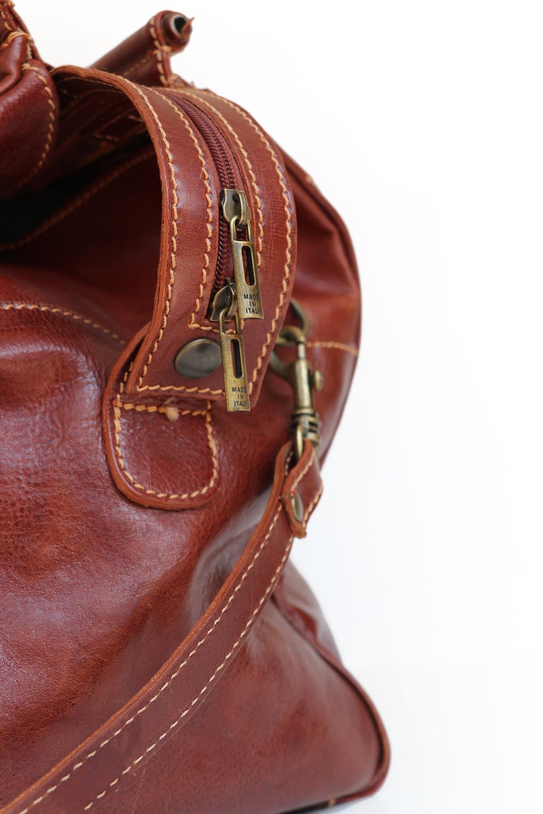 Vintage Brown Leather Travel Bag with Shoulder Strap, Florence, Italy