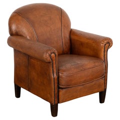 Vintage Brown Leather Tub Club Chair from France, circa 1960