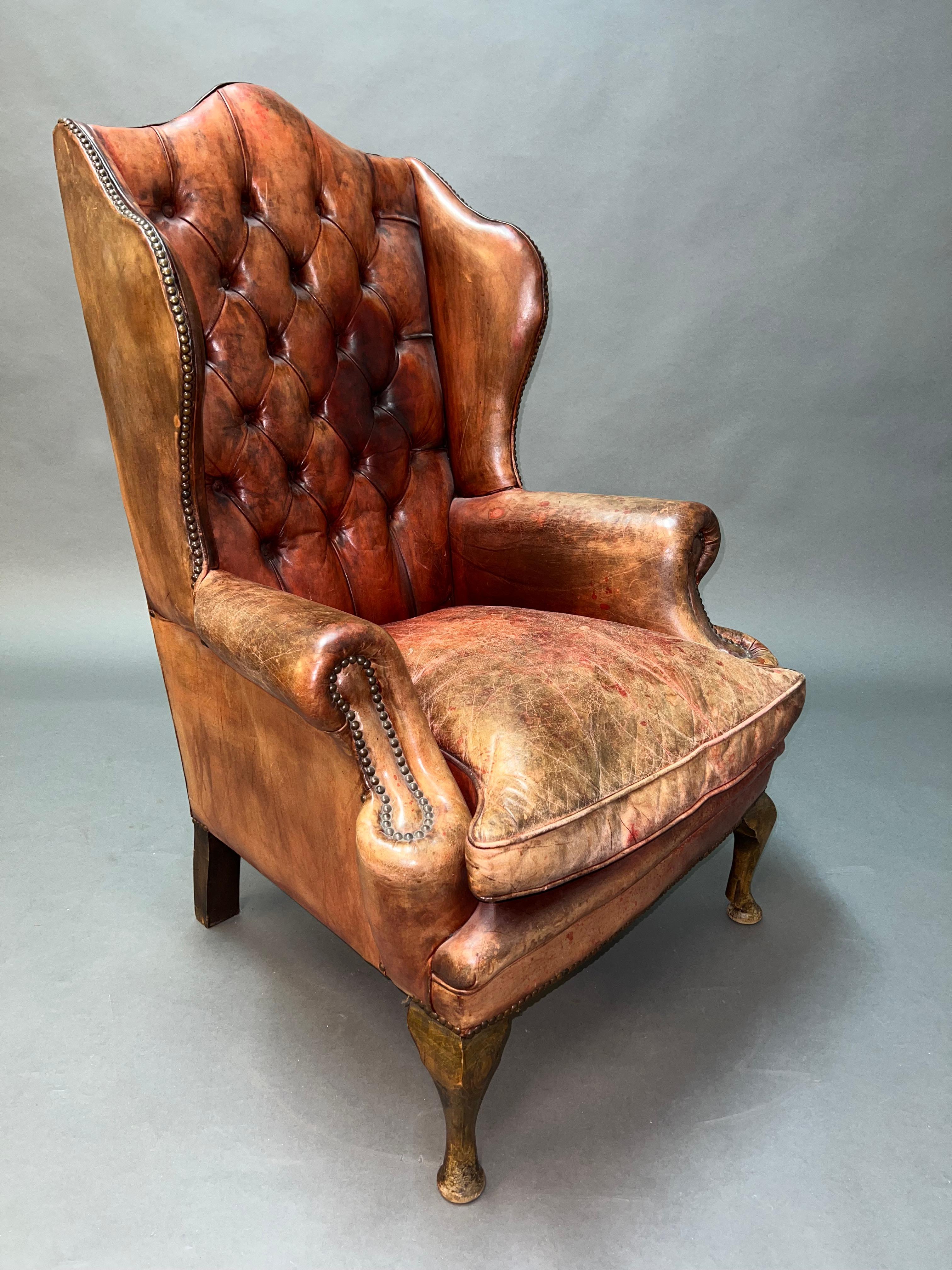 Vintage Brown Leather Tufted Chesterfield Wingback Armchair Original, circa 1880 For Sale 5