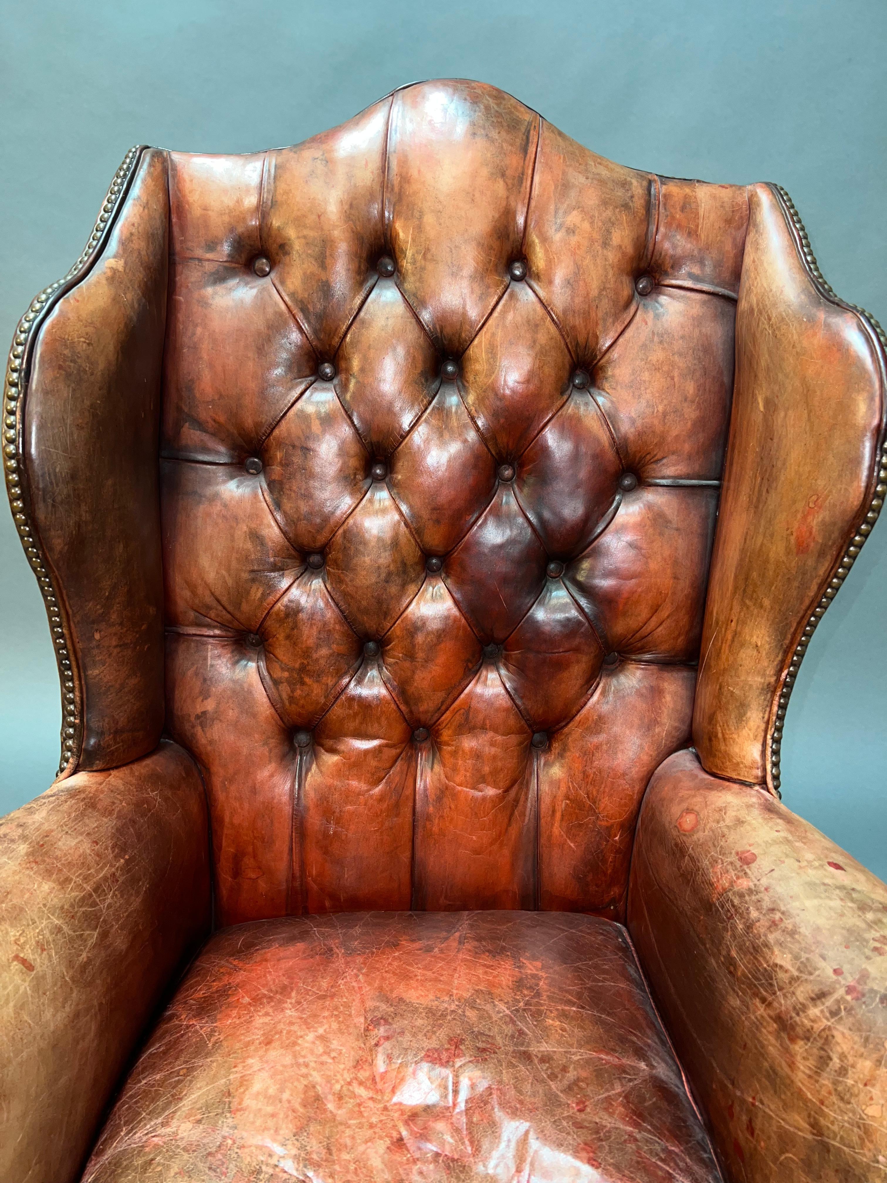 English Vintage Brown Leather Tufted Chesterfield Wingback Armchair Original, circa 1880 For Sale