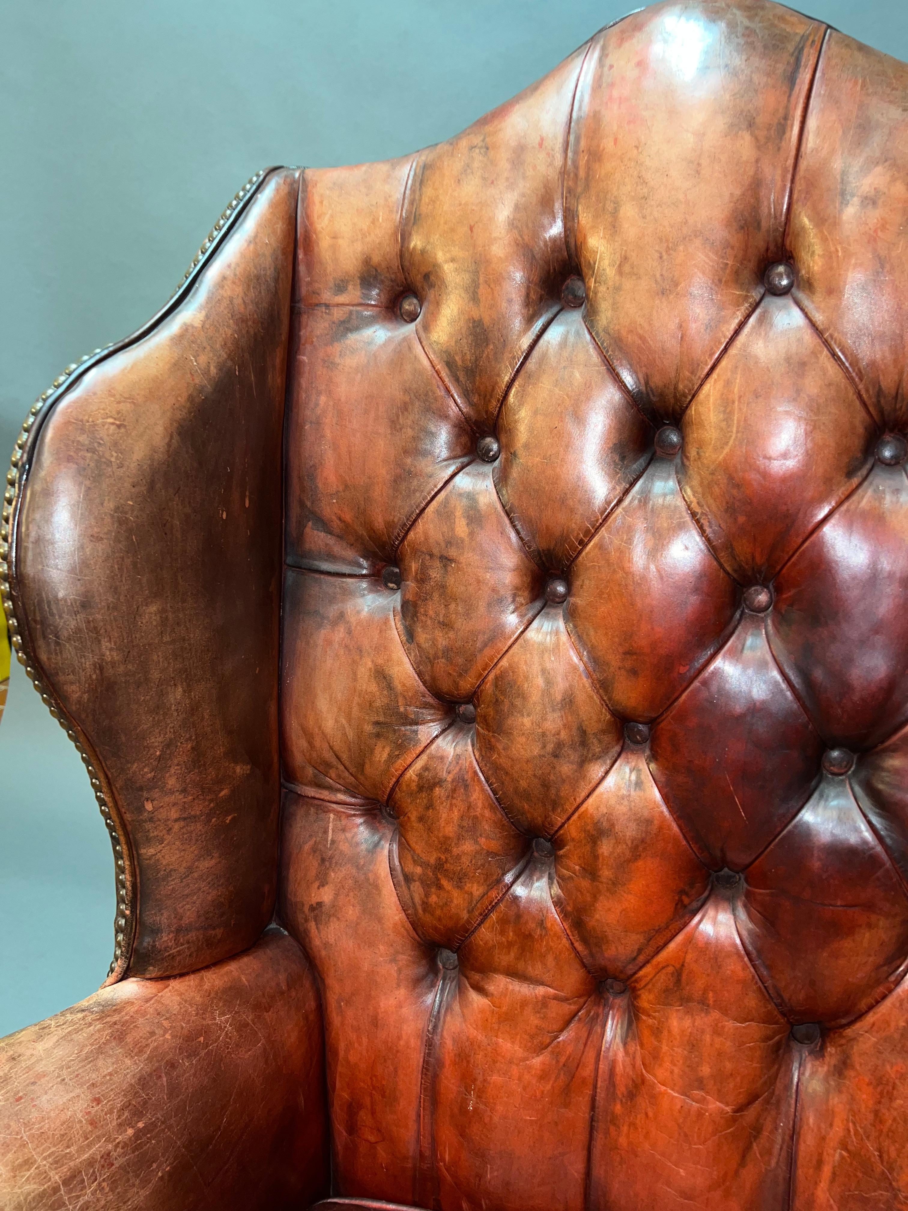 Vintage Brown Leather Tufted Chesterfield Wingback Armchair Original, circa 1880 In Good Condition For Sale In Berlin, DE