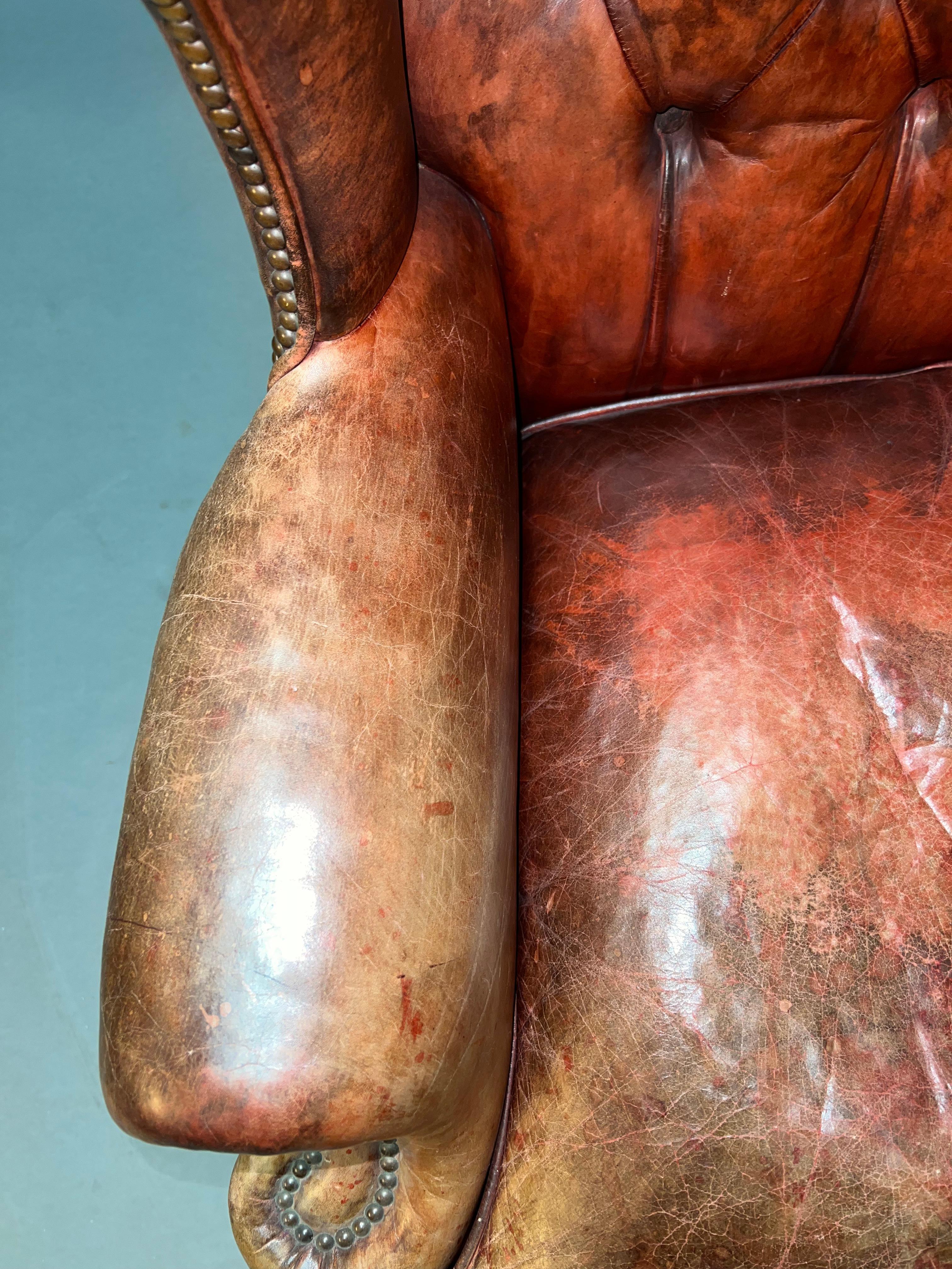 20th Century Vintage Brown Leather Tufted Chesterfield Wingback Armchair Original, circa 1880 For Sale