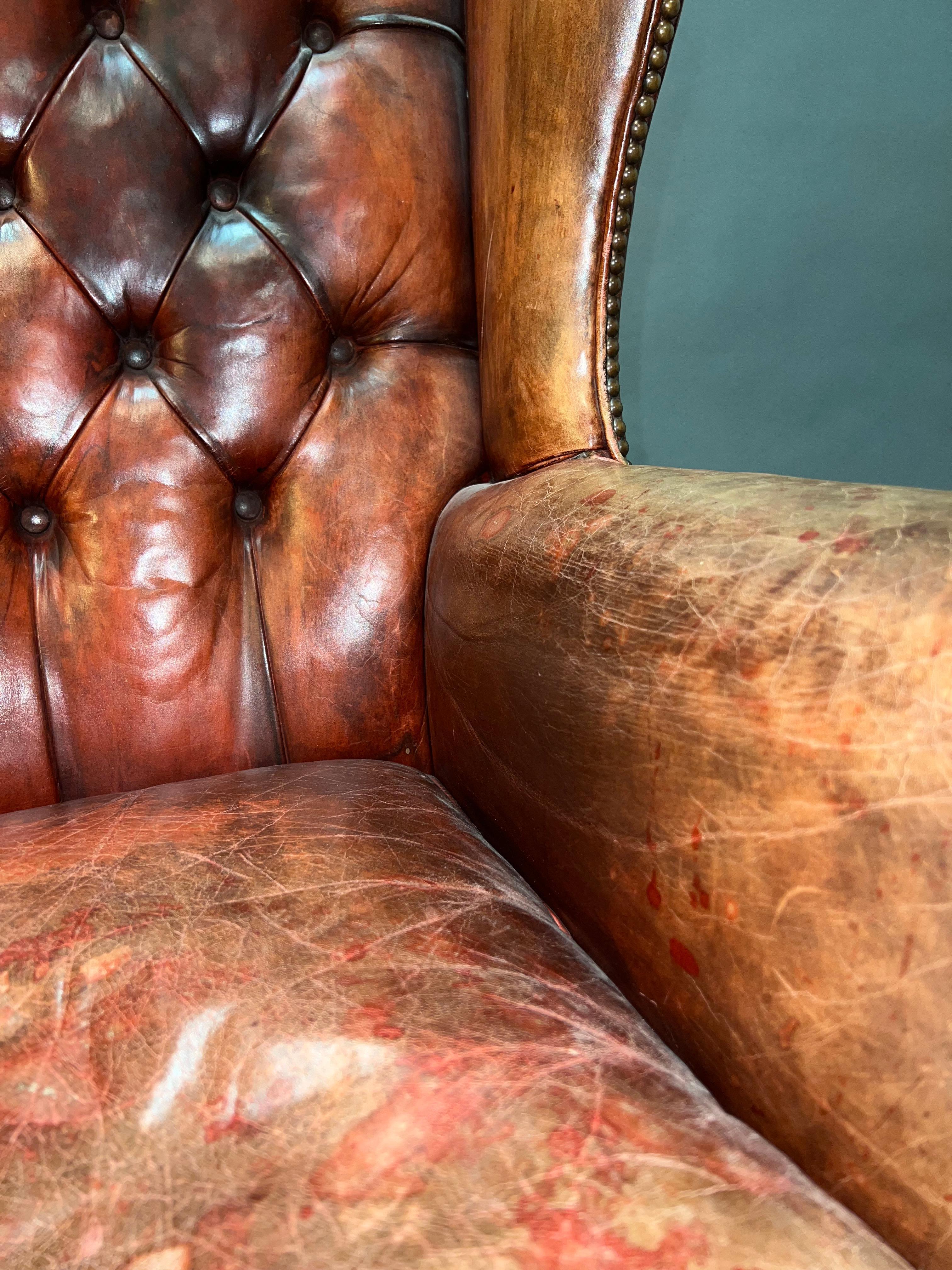 Vintage Brown Leather Tufted Chesterfield Wingback Armchair Original, circa 1880 For Sale 1
