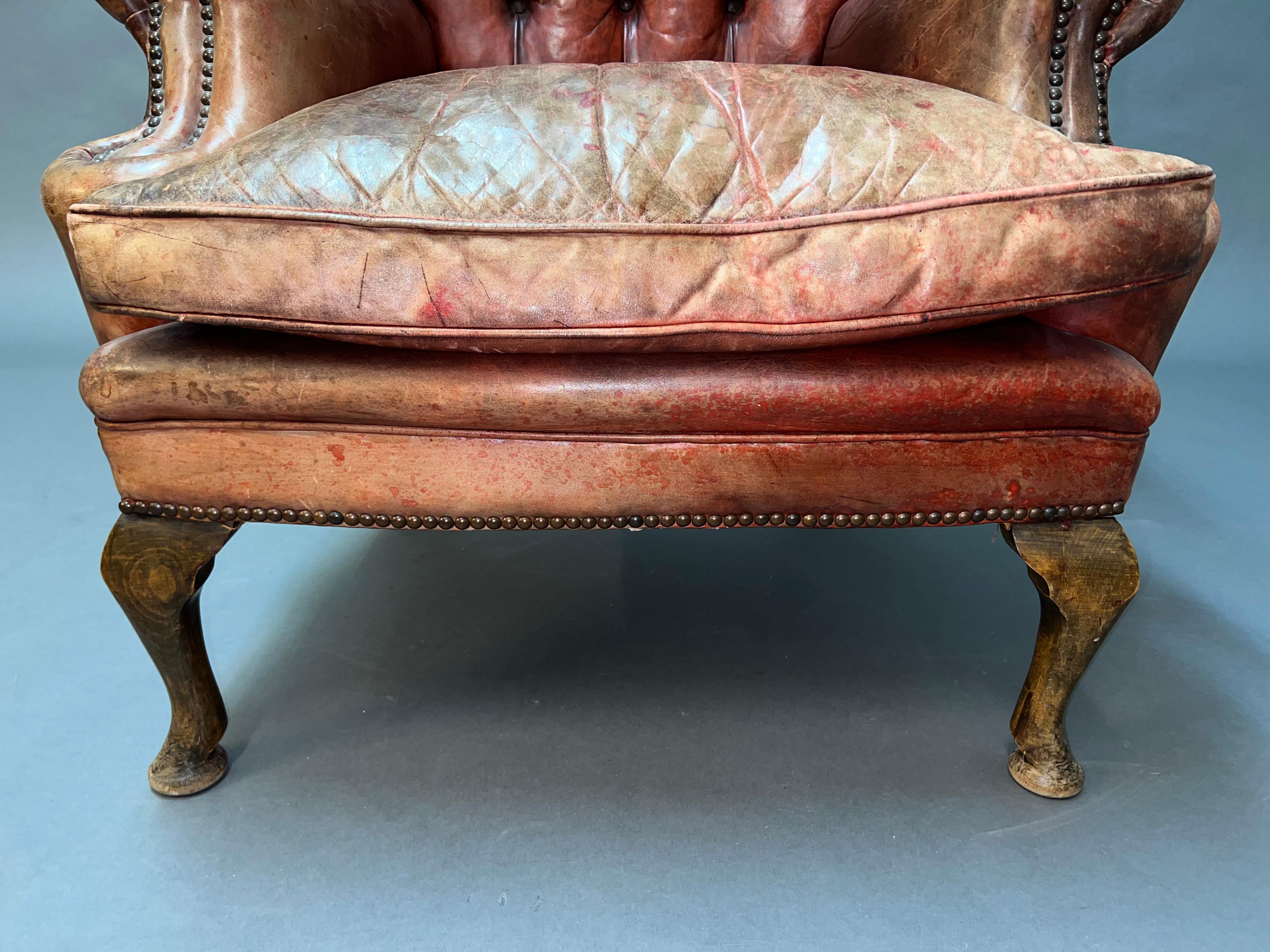 Vintage Brown Leather Tufted Chesterfield Wingback Armchair Original, circa 1880 For Sale 3