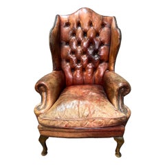 Vintage Brown Leder Tufted Chesterfield Wingback Sessel Original, um 1880