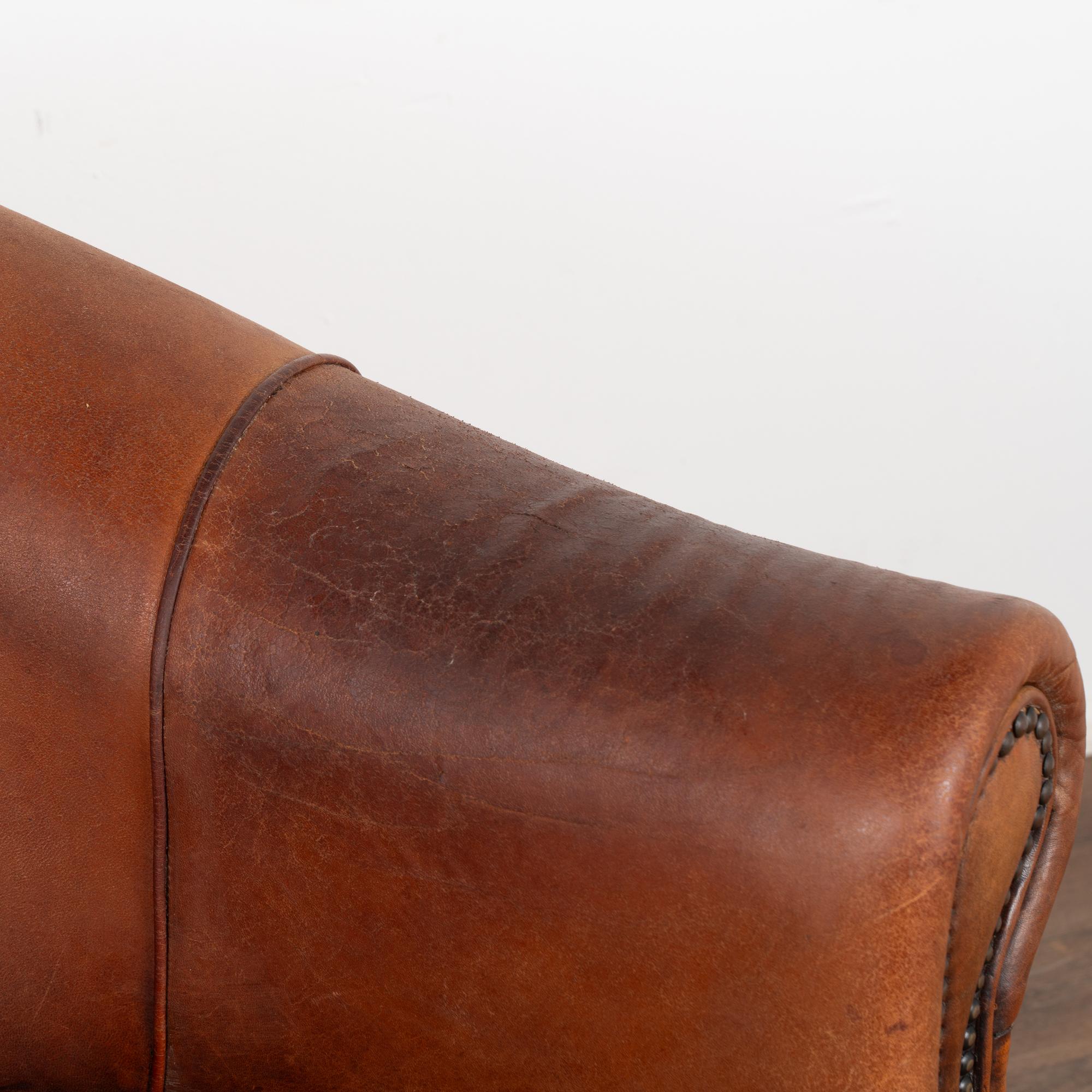Vintage Brown Leather Two Seat Sofa Loveseat, France circa 1920-40 3