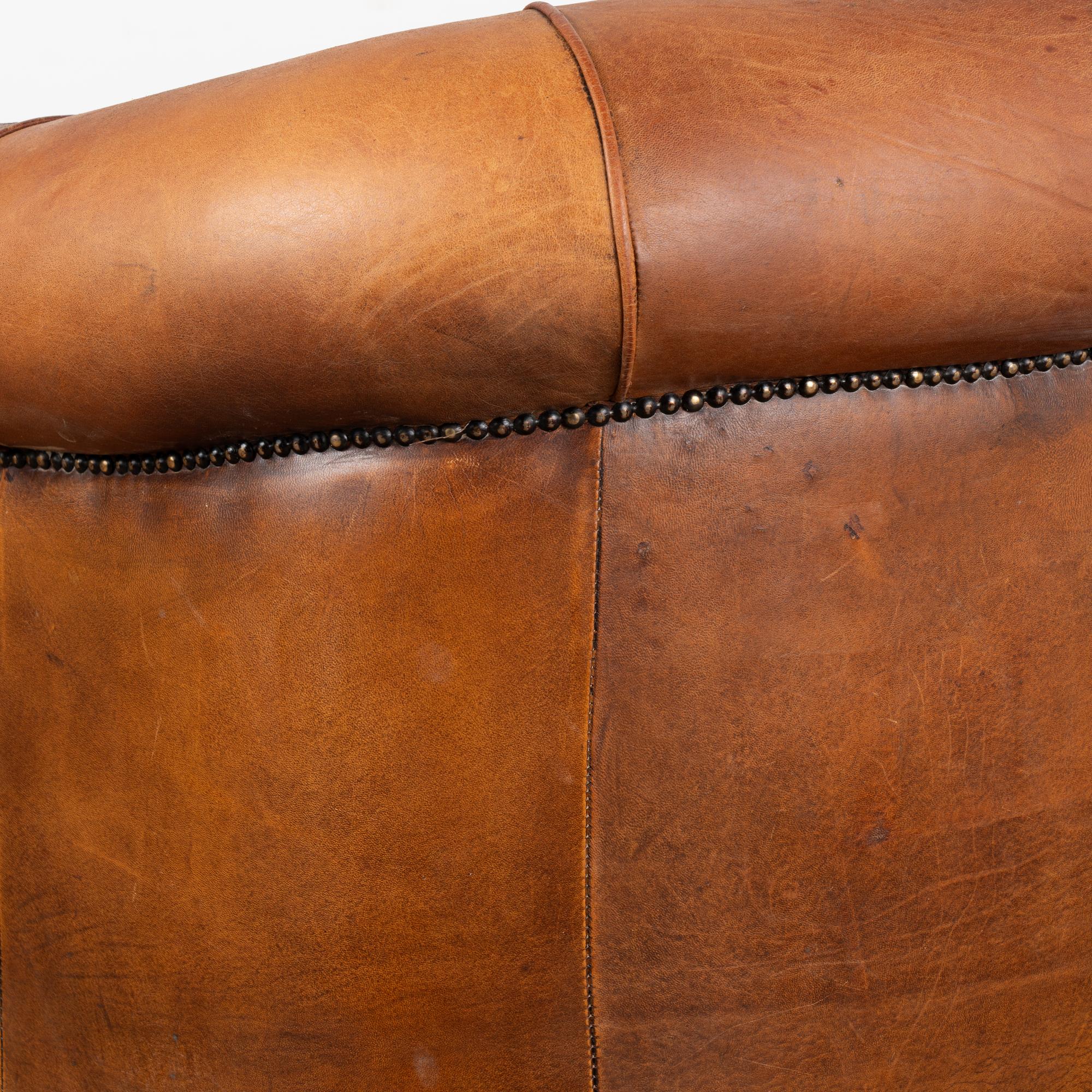 Vintage Brown Leather Two Seat Sofa Loveseat, France circa 1920-40 6
