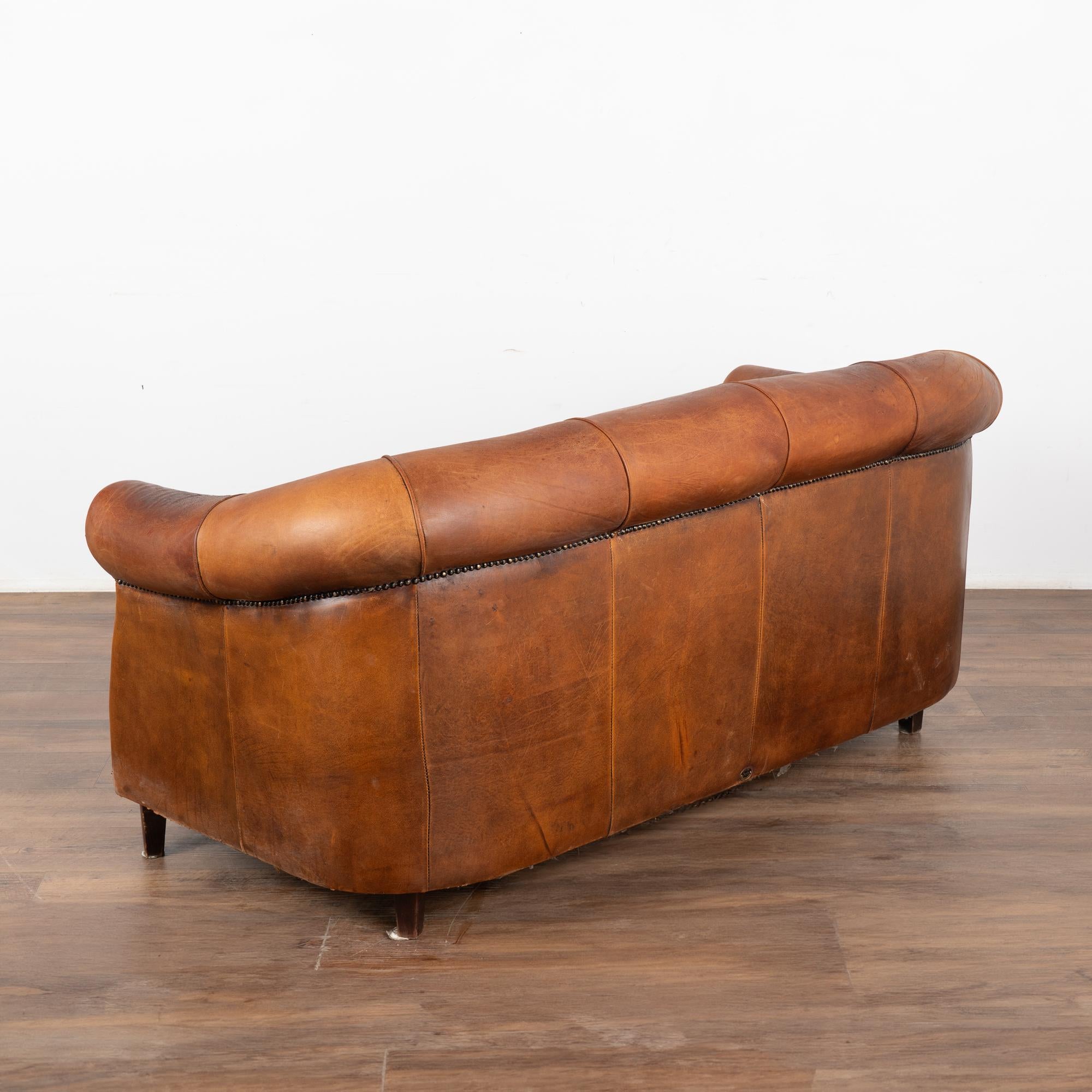 Vintage Brown Leather Two Seat Sofa Loveseat, France circa 1920-40 8