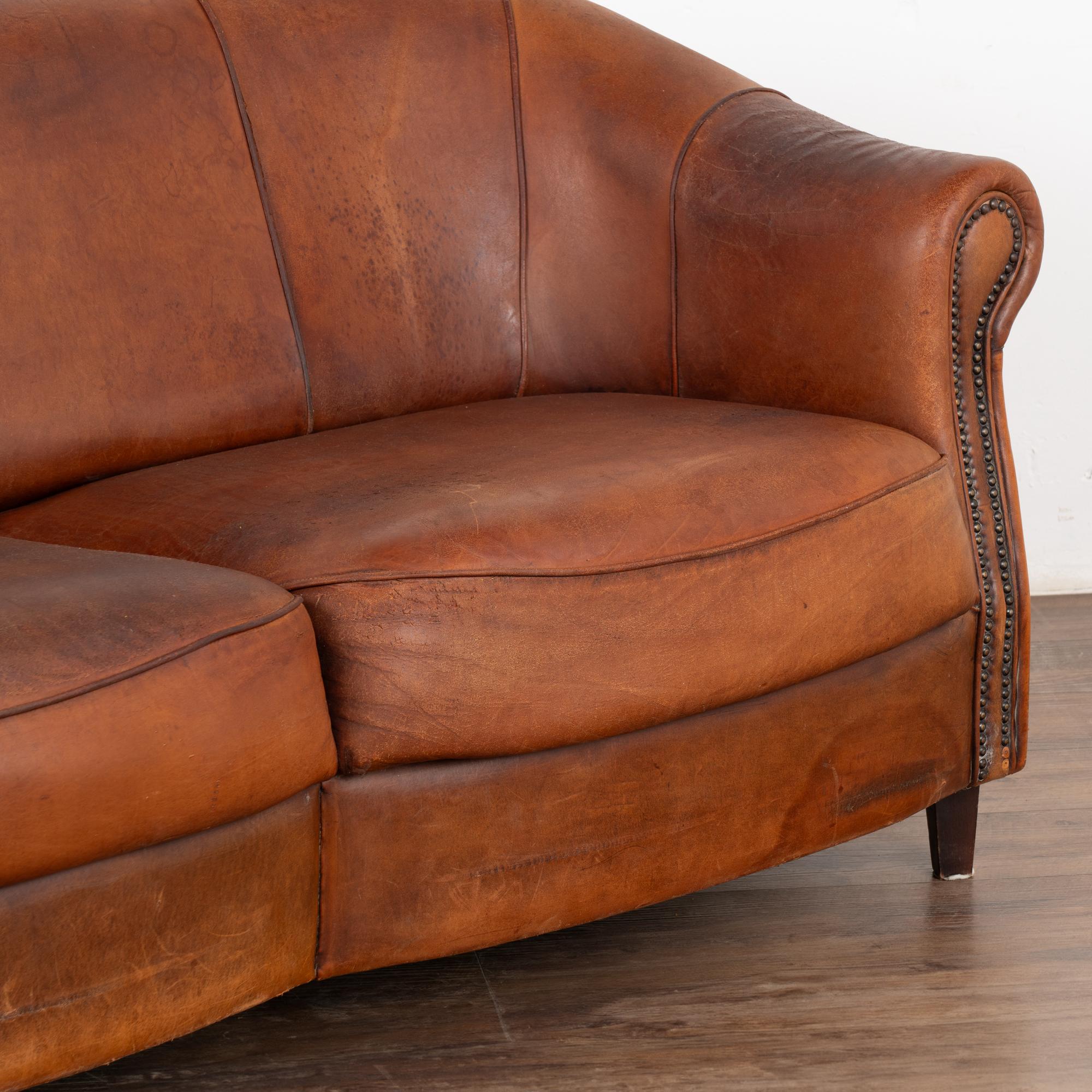 French Vintage Brown Leather Two Seat Sofa Loveseat, France circa 1920-40