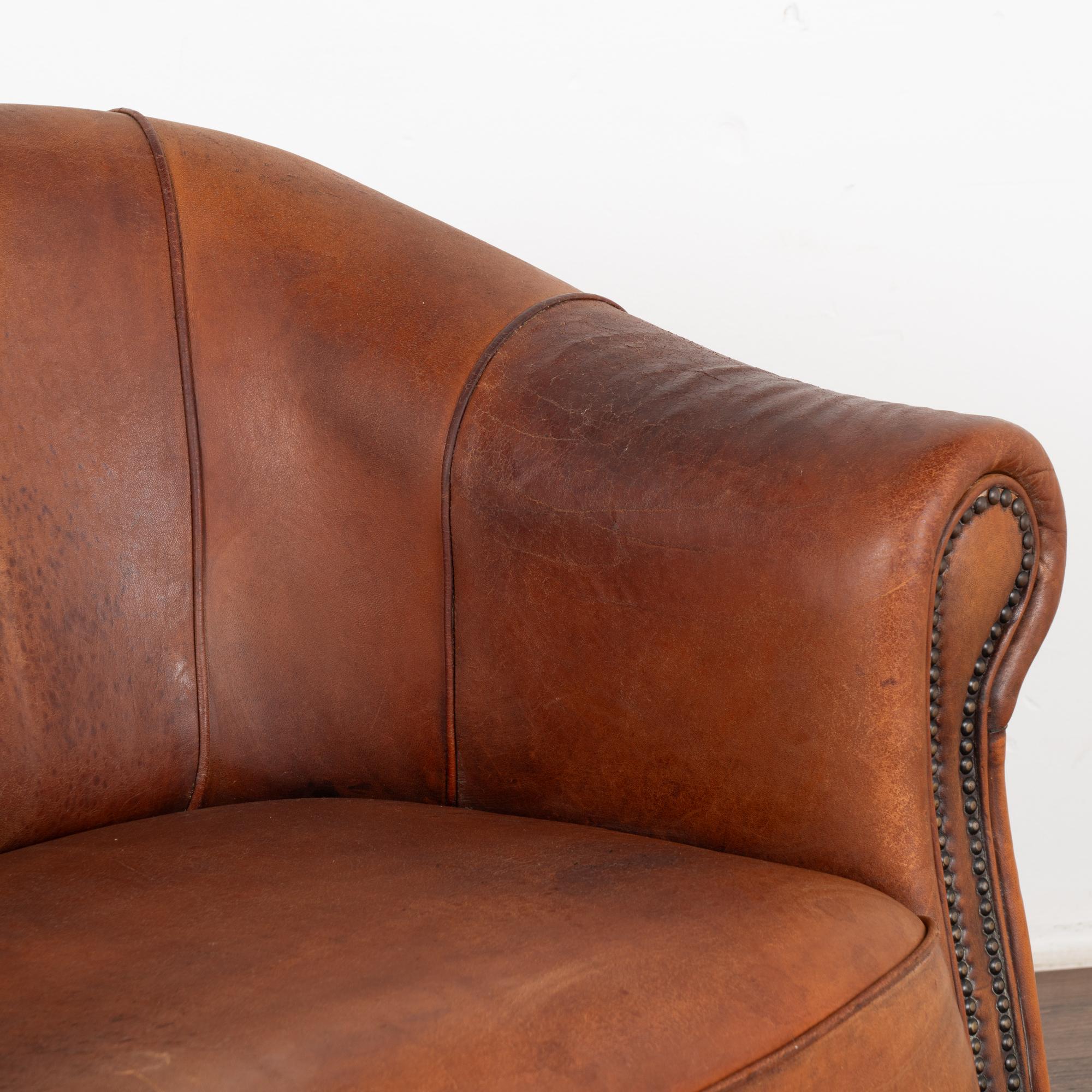 Vintage Brown Leather Two Seat Sofa Loveseat, France circa 1920-40 1