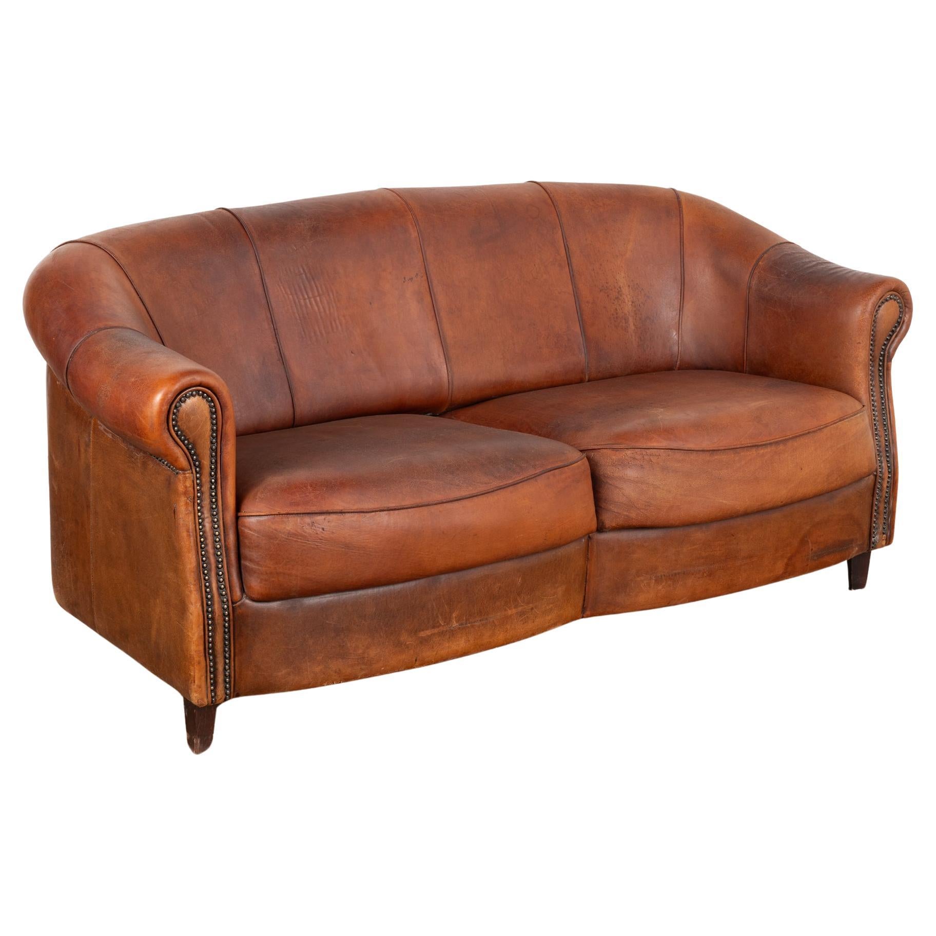 Vintage Brown Leather Two Seat Sofa Loveseat, France circa 1920-40