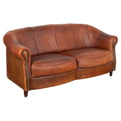 Vintage Brown Leather Two Seat Sofa Loveseat, France circa 1920-40