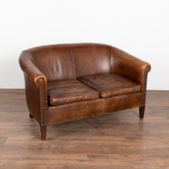 Vintage Brown Leather Two Seat Sofa Loveseat, France circa 1920