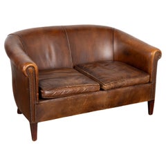 Antique Brown Leather Two Seat Sofa Loveseat, France circa 1920