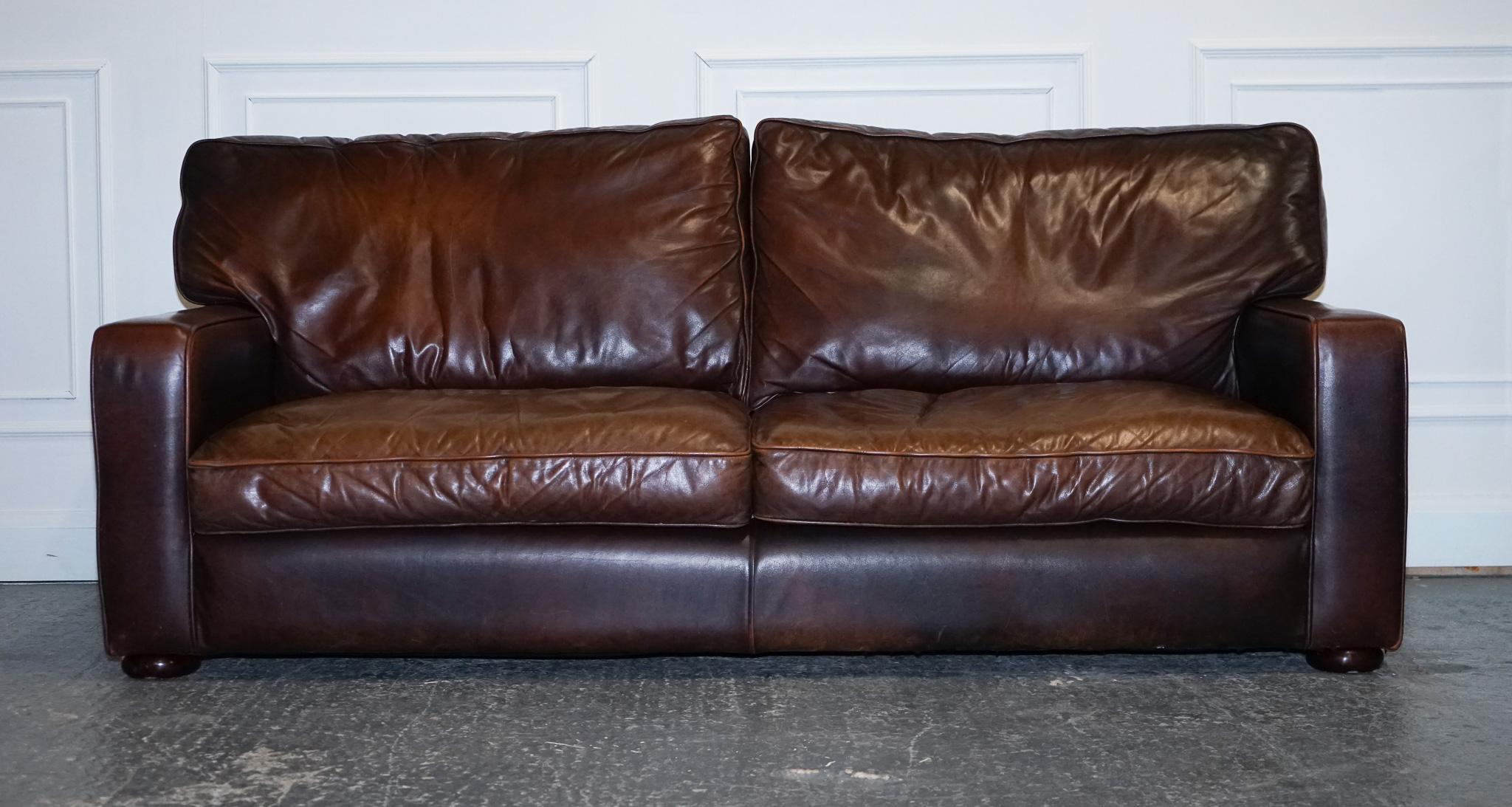 Mid-Century Modern Vintage Brown Leather Two to Three Seater Sofa