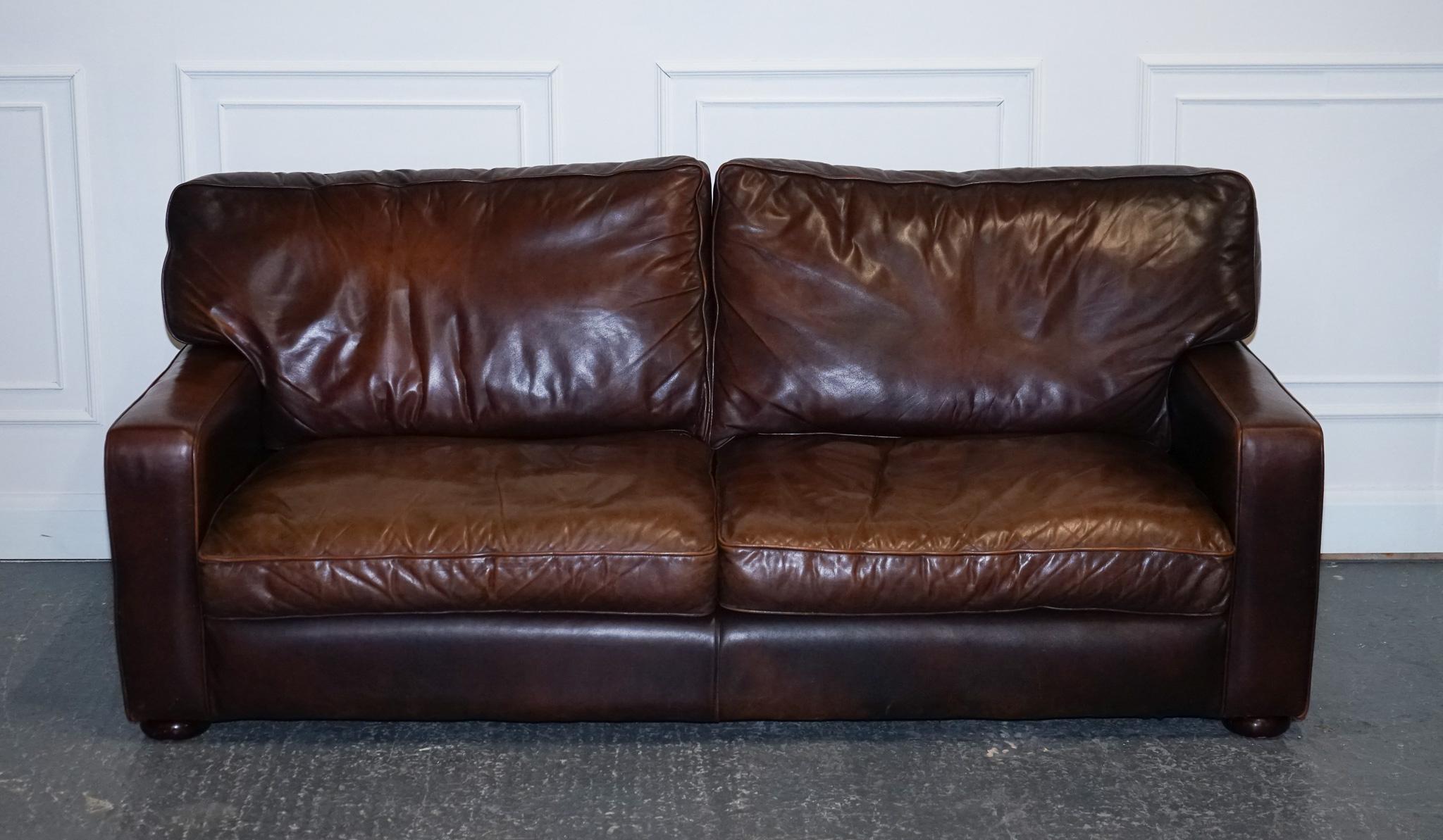 British Vintage Brown Leather Two to Three Seater Sofa