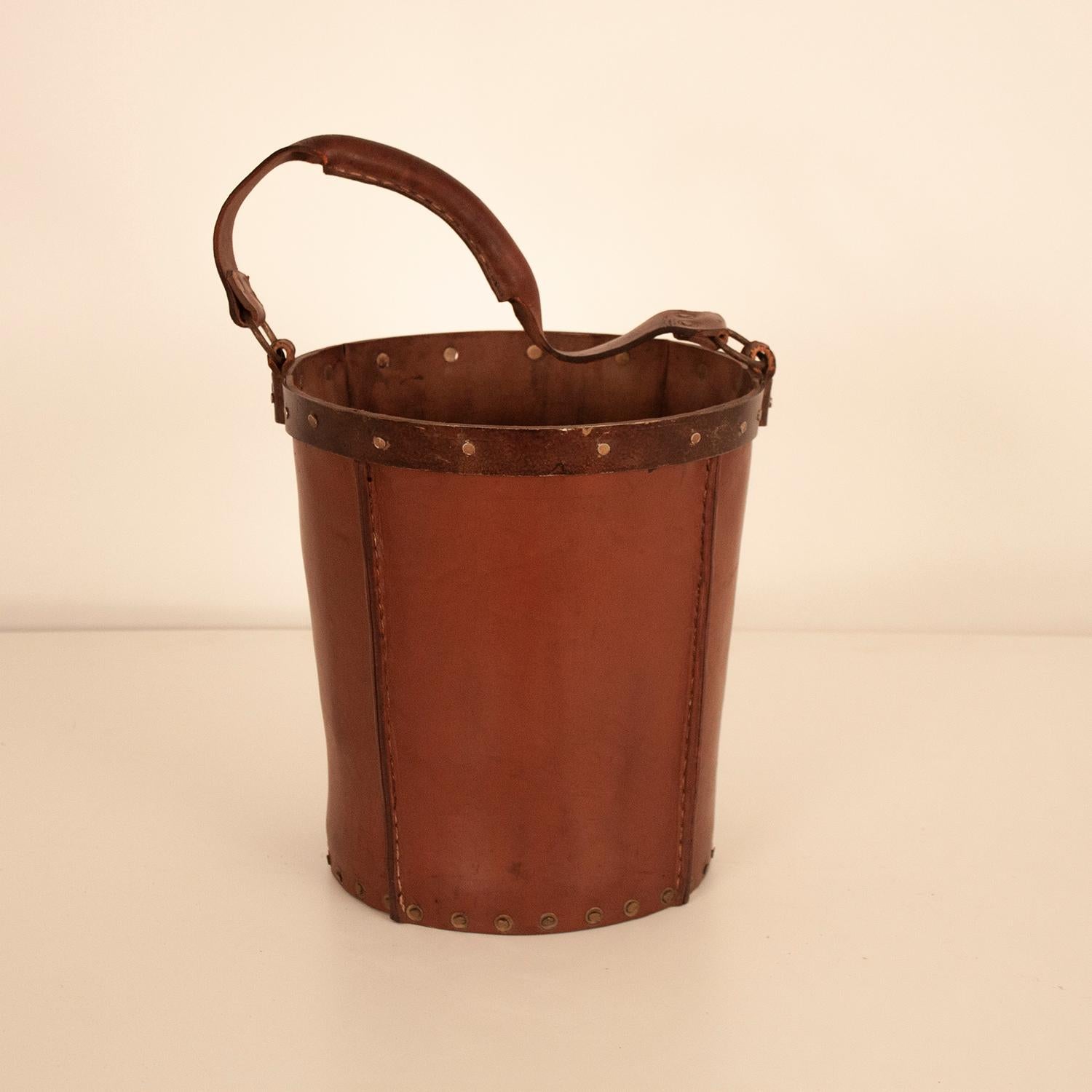 Spanish Vintage Brown Leather Waste Basket, Valenti, Spain, 1970s