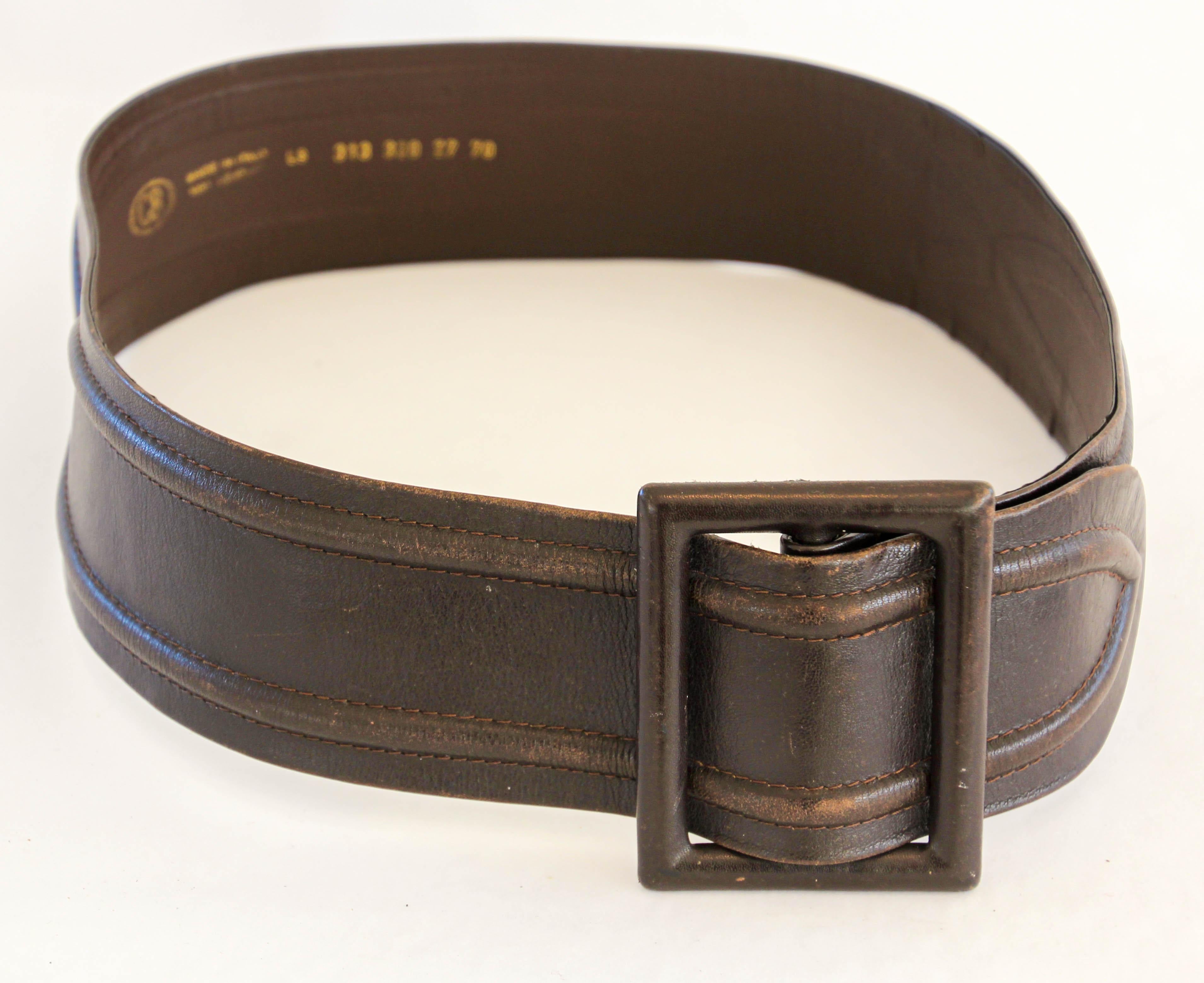 Vintage Brown Leather Wide Waist Belt Women Italy 1980's 2