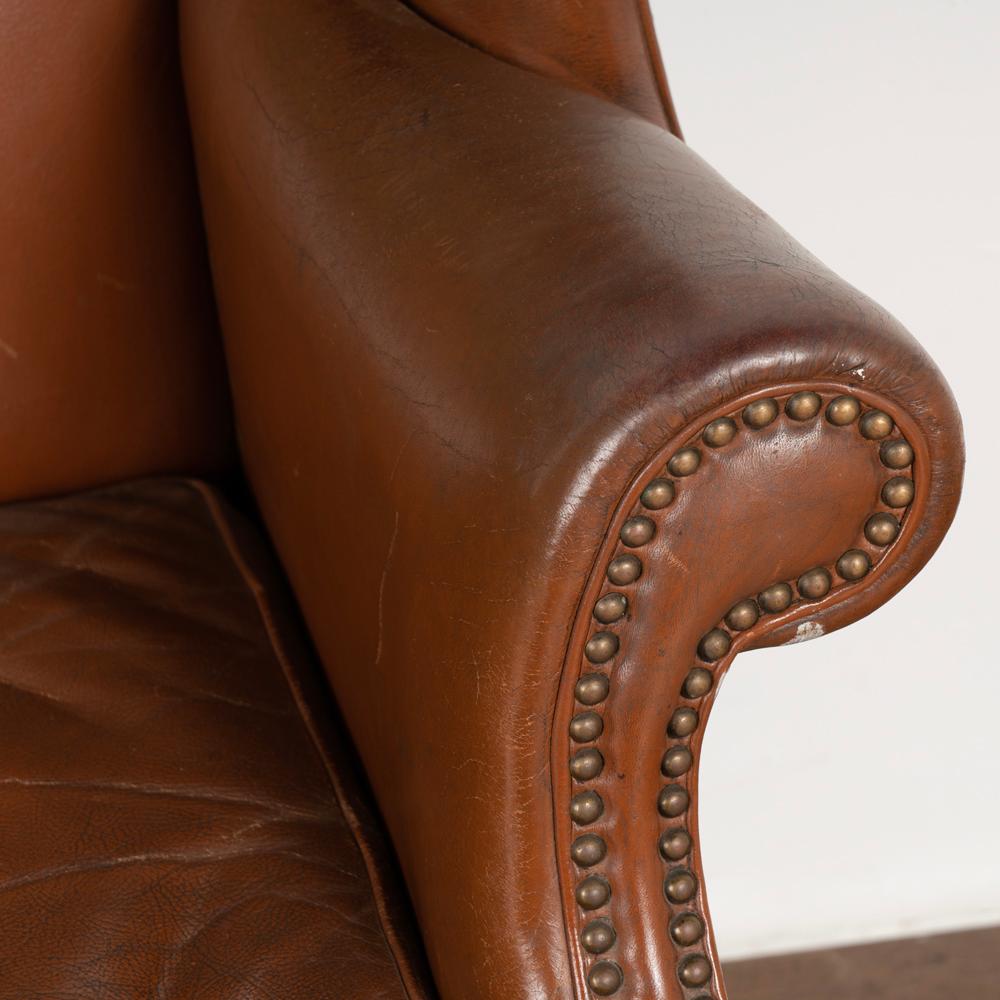 Vintage Brown Leather Wingback Arm Chair from Denmark, circa 1940-60 In Good Condition For Sale In Round Top, TX