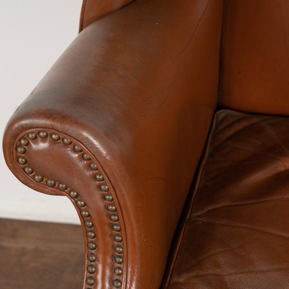 Vintage Brown Leather Wingback Arm Chair from Denmark, circa 1940-60 For Sale 1