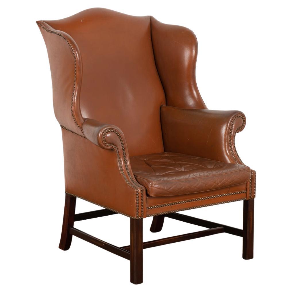 Vintage Brown Leather Wingback Arm Chair from Denmark, circa 1940-60 For Sale