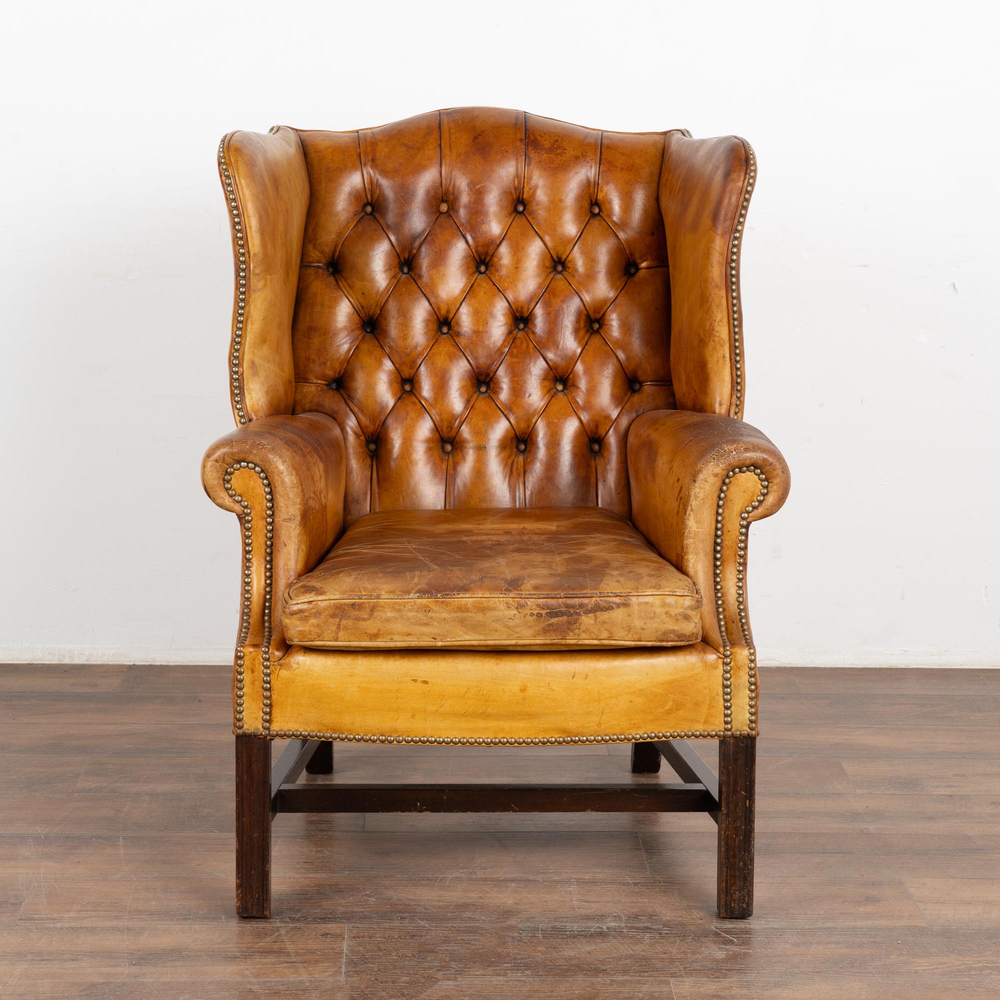 English Vintage Brown Leather Wingback Chesterfield Arm Chair, England circa 1940