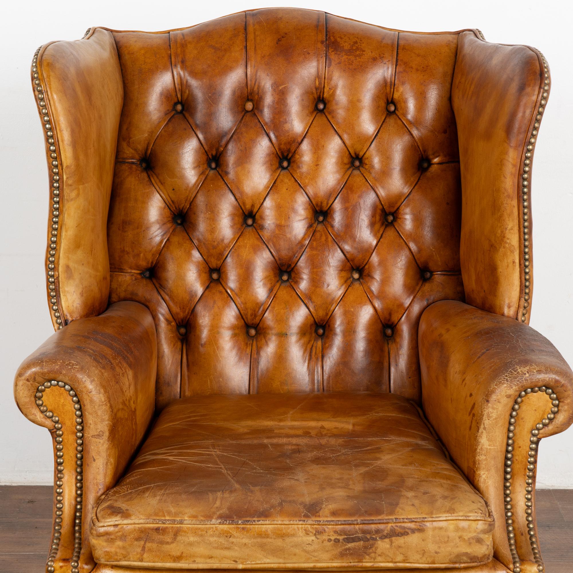 Vintage Brown Leather Wingback Chesterfield Arm Chair, England circa 1940 In Good Condition For Sale In Round Top, TX