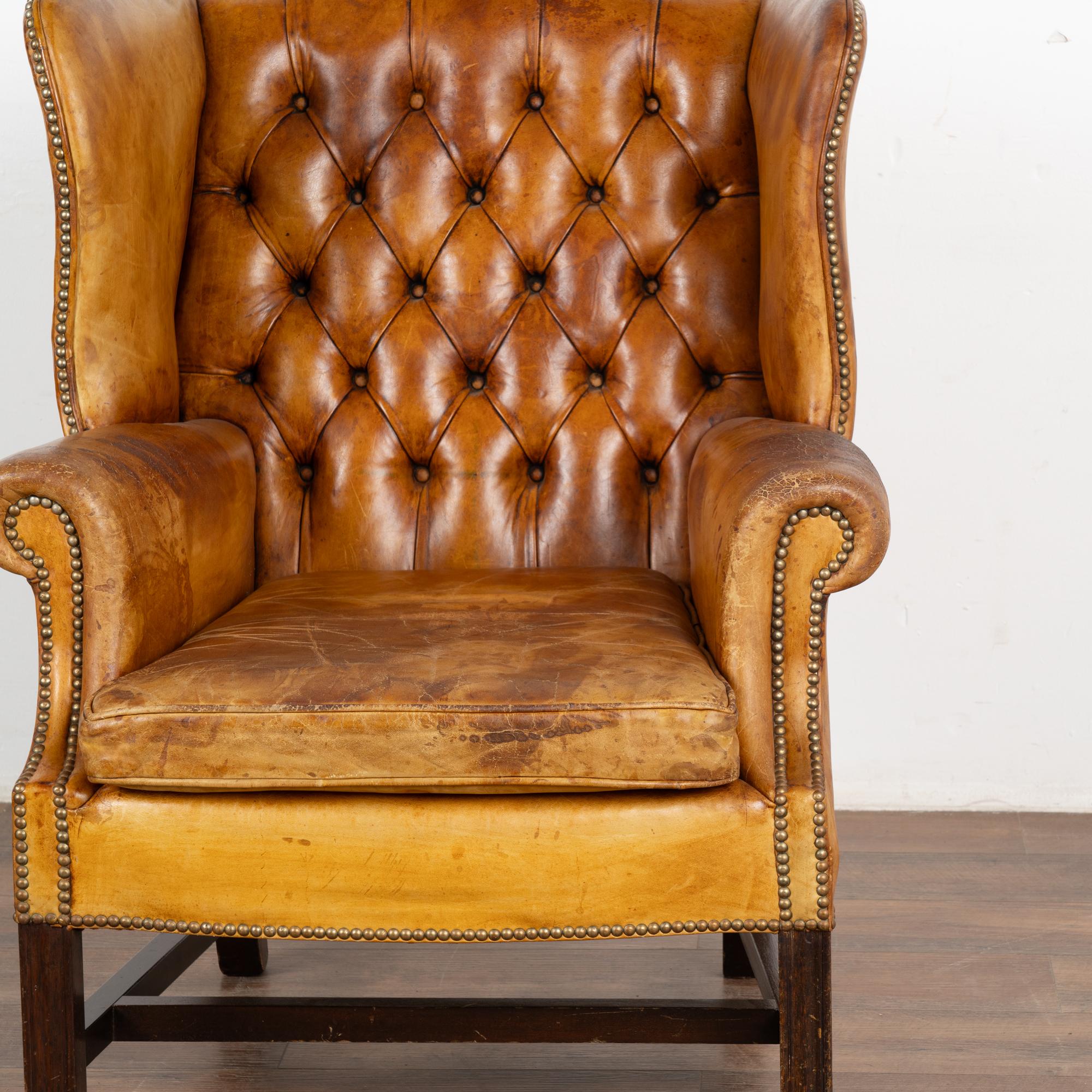 20th Century Vintage Brown Leather Wingback Chesterfield Arm Chair, England circa 1940 For Sale