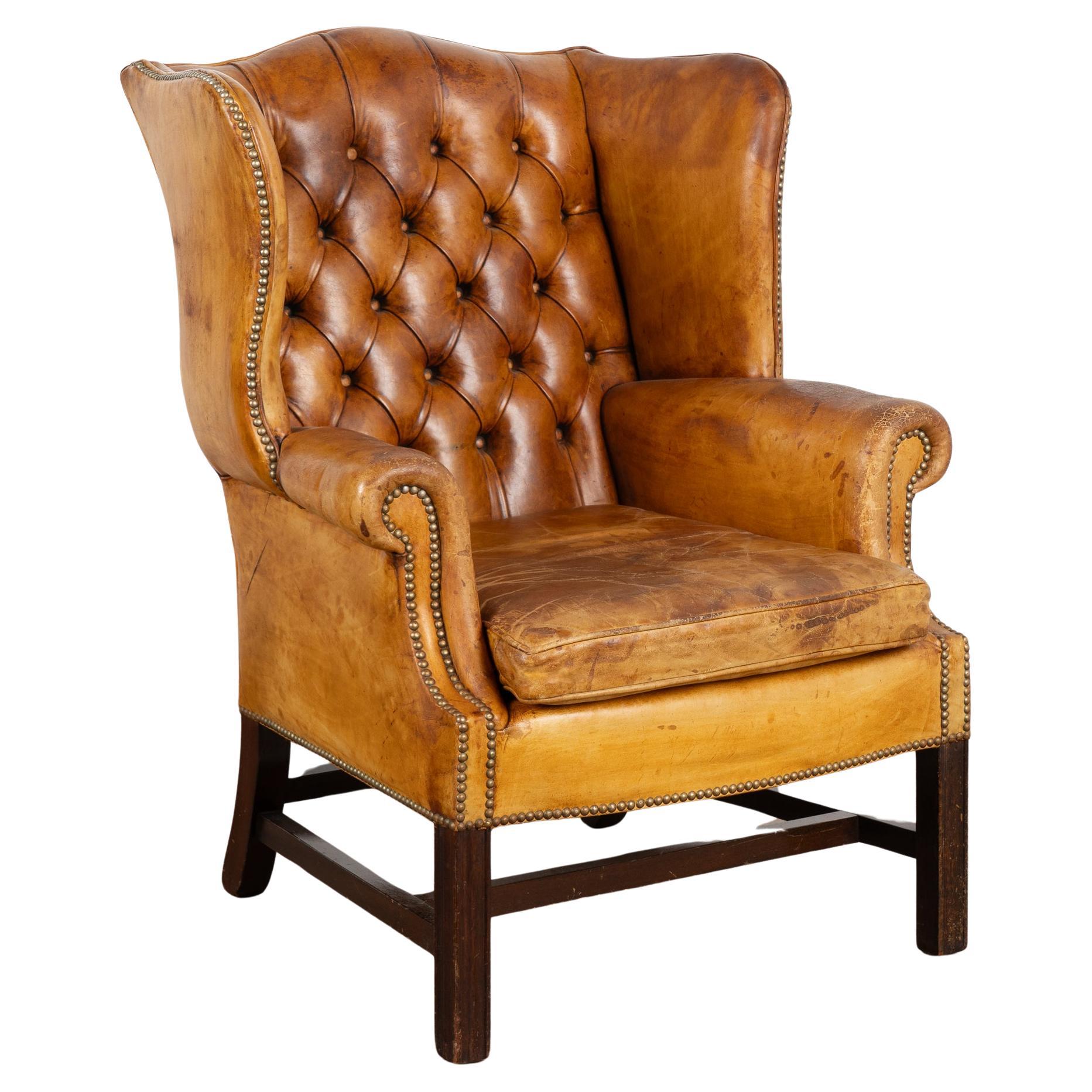 Vintage Brown Leather Wingback Chesterfield Arm Chair, England circa 1940 For Sale