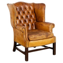 Antique Brown Leather Wingback Chesterfield Arm Chair, England circa 1940