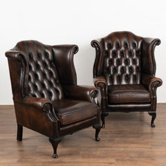 Vintage Brown Leather Wingback Chesterfield Armchairs, Denmark circa 1960-70