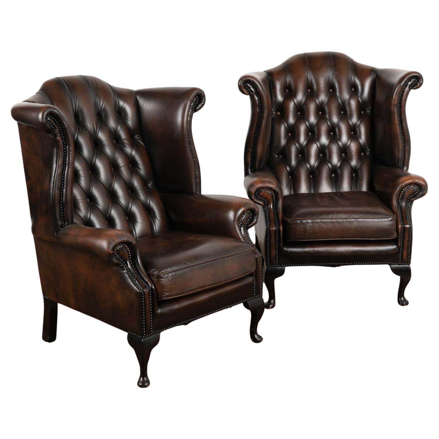 Vintage Brown Leather Wingback Chesterfield Armchairs, Denmark circa 1960-70