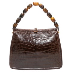 Vintage Brown Lucille de Paris Alligator Beaded Handle Handtasche