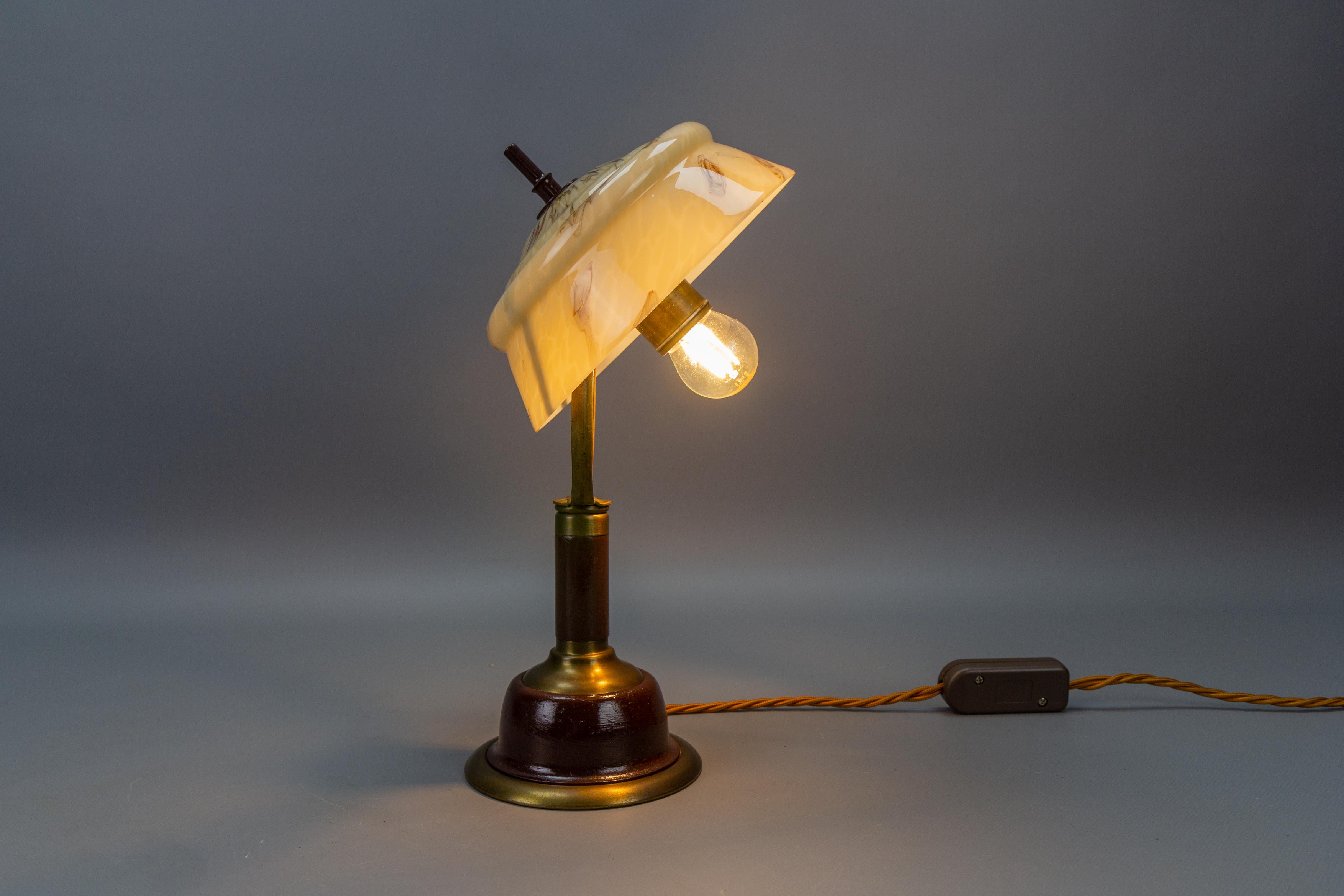 German Vintage Brown Marbled Glass and Metal Adjustable Table Lamp For Sale