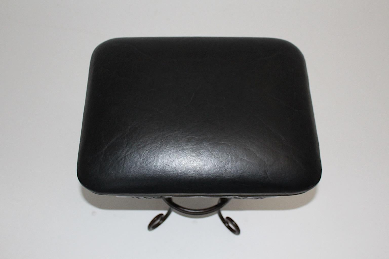 Vintage Brown Metal Stool Ottoman with Leaves Black Leather Seat, 1970s, France For Sale 5